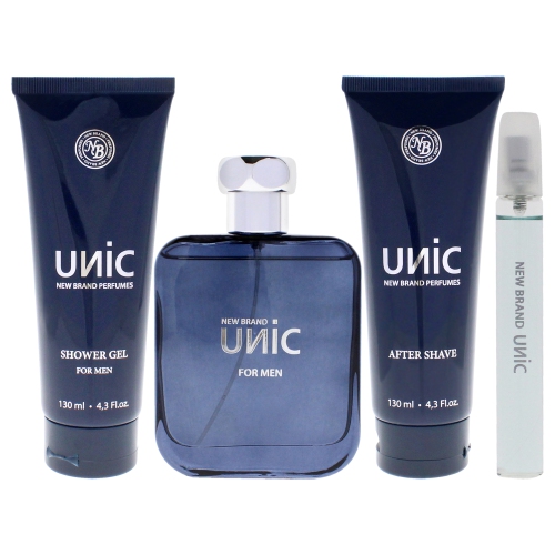 Unic by New Brand for Men - 4 Pc Gift Set 3.3oz EDT Spray, 0.5oz EDT Spray, 4.3oz Shower Gel, 4.3oz After Shave