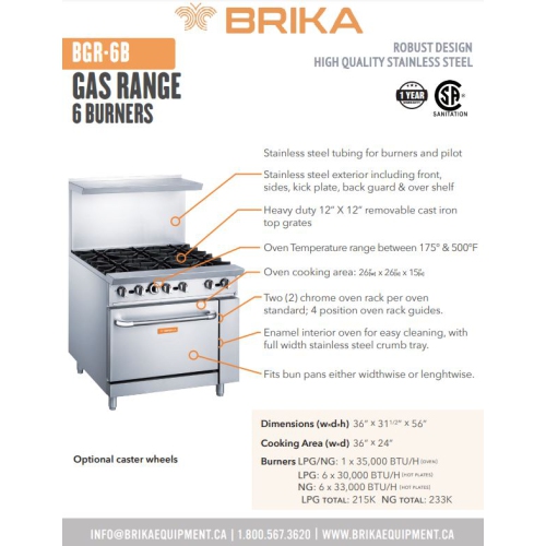 BRIKA BGR-6B Commercial 6 Burner Gas Range