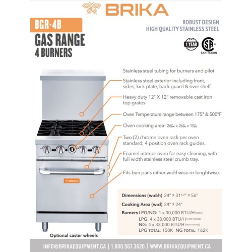BRIKA BGR-4B 4 Burner Commercial Gas Range