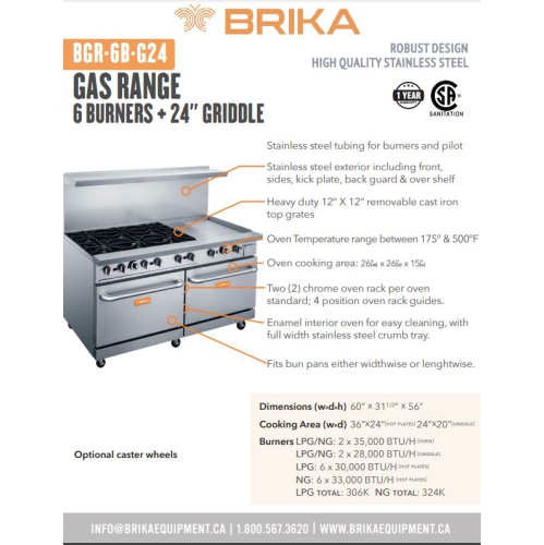 BRIKA BGR-6B-G24 Commercial 6 Burner and 24" griddle Gas Range