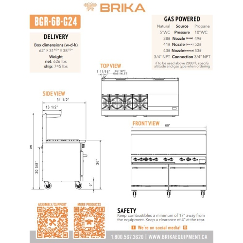 BRIKA BGR-6B-G24 Commercial 6 Burner and 24" griddle Gas Range