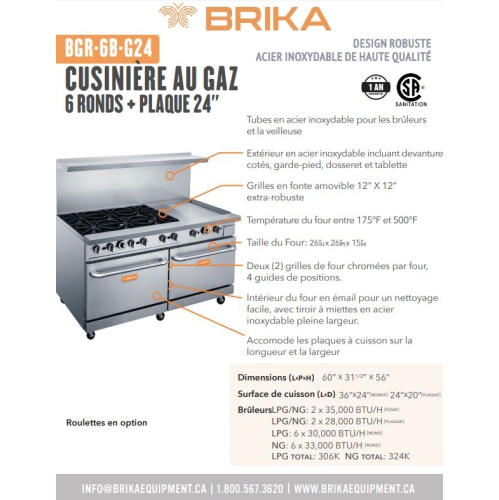 BRIKA BGR-6B-G24 Commercial 6 Burner and 24" griddle Gas Range