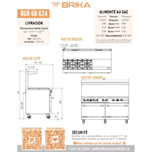 BRIKA BGR-6B-G24 Commercial 6 Burner and 24" griddle Gas Range