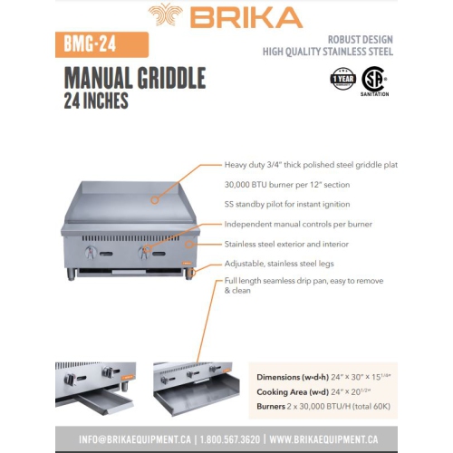 BRIKA BMG-24 Commercial 24" Manual Griddle - Natural Gas/Propane LPG Conversion Kit Included