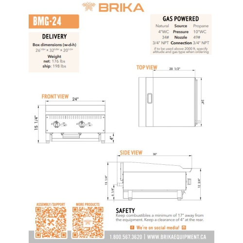 BRIKA BMG-24 Commercial 24" Manual Griddle - Natural Gas/Propane LPG Conversion Kit Included
