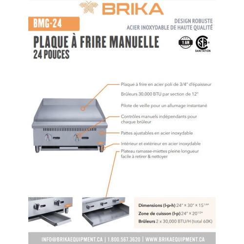 BRIKA BMG-24 Commercial 24" Manual Griddle - Natural Gas/Propane LPG Conversion Kit Included
