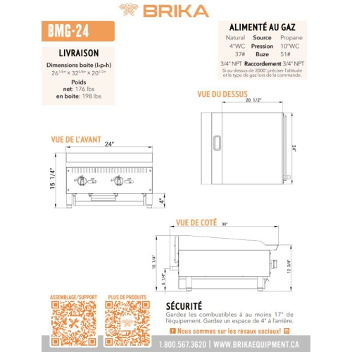 BRIKA BMG-24 Commercial 24" Manual Griddle - Natural Gas/Propane LPG Conversion Kit Included
