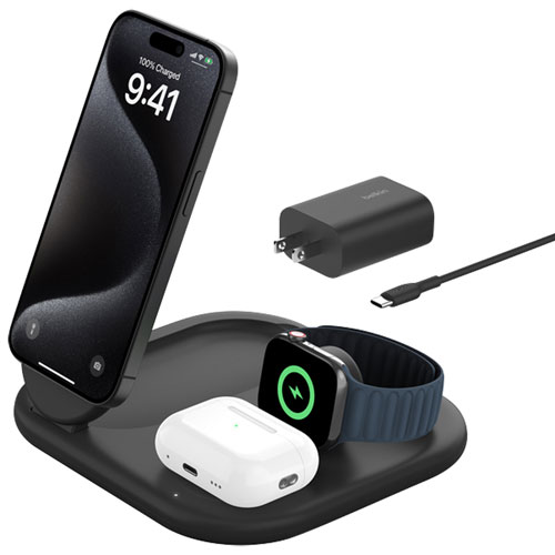 Belkin BoostCharge 3-in-1 15W Qi2 Magnetic Wireless Charging Stand (WIZ029ttBK) - Black