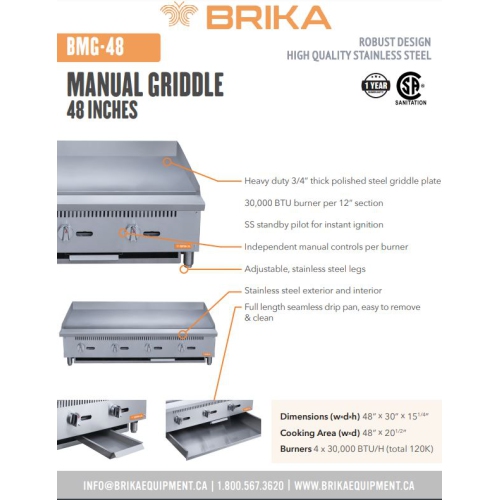 BRIKA BMG-48 Commercial 48" Manual Griddle - Natural Gas/LPG Conversion Kit Included