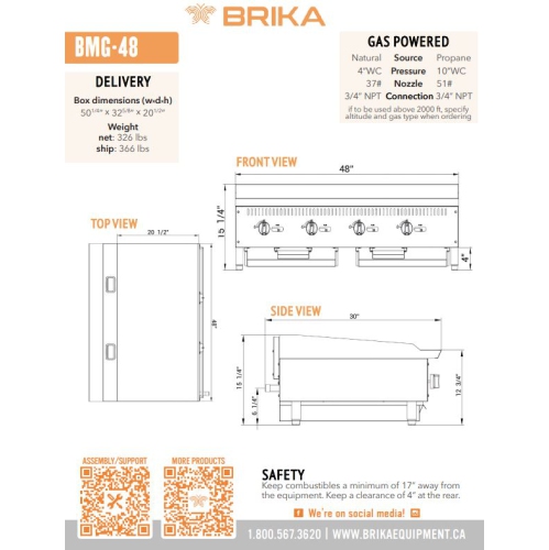 BRIKA BMG-48 Commercial 48" Manual Griddle - Natural Gas/LPG Conversion Kit Included