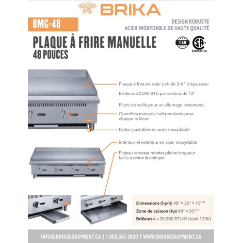 BRIKA BMG-48 Commercial 48" Manual Griddle - Natural Gas/LPG Conversion Kit Included