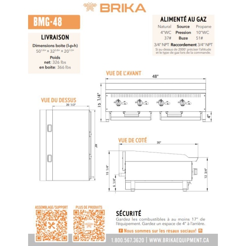 BRIKA BMG-48 Commercial 48" Manual Griddle - Natural Gas/LPG Conversion Kit Included