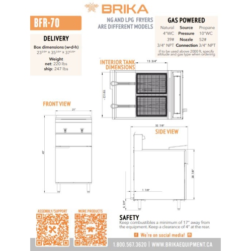 Friteuse commerciale au gaz naturel BFR-70-NAT 70 lb de BRIKA Capacité d'huile de 150 000 BTU