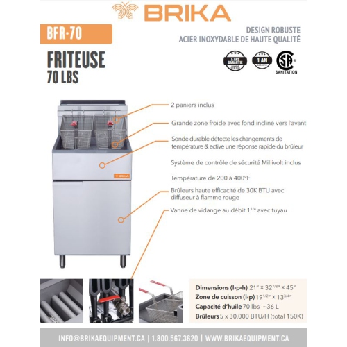 Friteuse commerciale au gaz naturel BFR-70-NAT 70 lb de BRIKA Capacité d'huile de 150 000 BTU