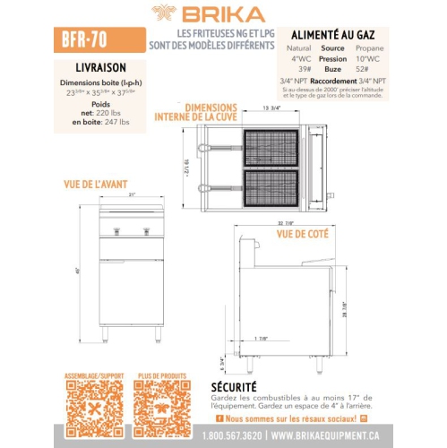 Friteuse commerciale au gaz naturel BFR-70-NAT 70 lb de BRIKA Capacité d'huile de 150 000 BTU