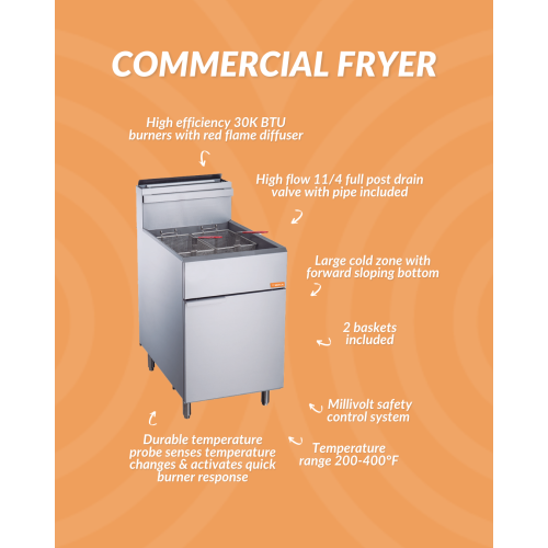 Friteuse commerciale au gaz naturel BFR-70-NAT 70 lb de BRIKA Capacité d'huile de 150 000 BTU