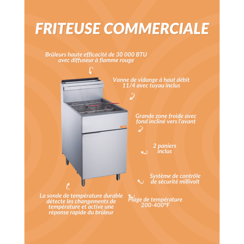 Friteuse commerciale au gaz naturel BFR-70-NAT 70 lb de BRIKA Capacité d'huile de 150 000 BTU