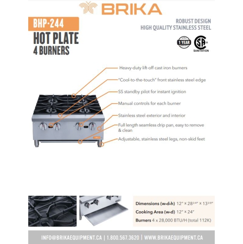 BRIKA BHP-244 Commercial 24" Hot Plate - Natural Gas/Propane Conversion Kit Included