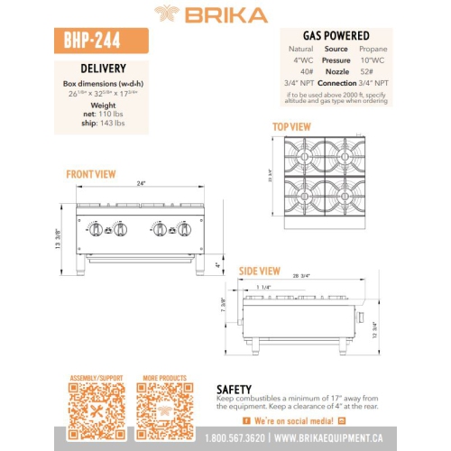 BRIKA BHP-244 Commercial 24" Hot Plate - Natural Gas/Propane Conversion Kit Included