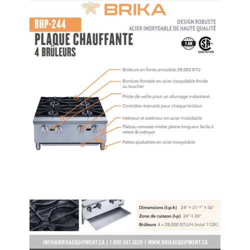 BRIKA BHP-244 Commercial 24" Hot Plate - Natural Gas/Propane Conversion Kit Included