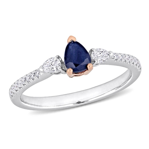 GEM AND HARMONY  1/2 Carat (Ctw) Sapphire Three Stone Ring With Diamonds In 14K White Gold In Blue