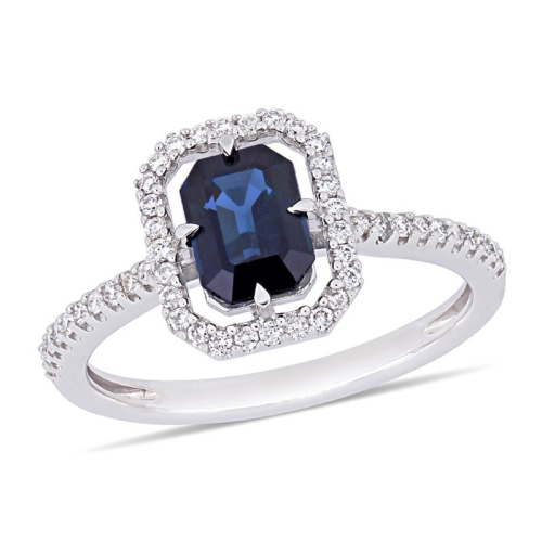 GEM AND HARMONY  1.16 Carat (Ctw) Octagon Sapphire Halo Ring In 14K White Gold With Diamonds In Blue