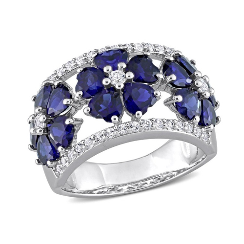 GEM AND HARMONY  4.49 Carat (Ctw) Lab-Created Sapphire Flower Band Ring In Sterling Silver In Blue