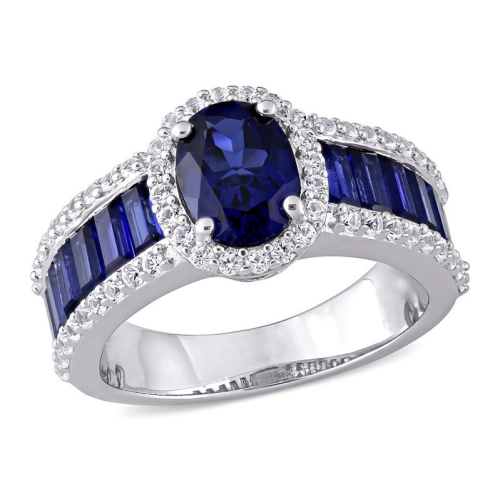 GEM AND HARMONY  4.72 Carat (Ctw) Lab-Created & White Sapphire Halo Ring In Sterling Silver In Blue
