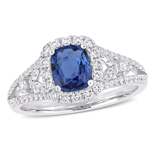 GEM AND HARMONY  1.16 Carat (Ctw) Sapphire Halo Engagement Ring With Diamonds 14K White Gold In Blue