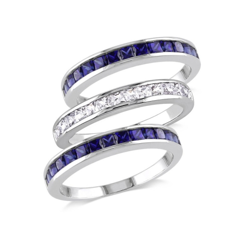 GEM AND HARMONY  2.25 Carat (Ctw) Lab-Created Sapphire And White Sapphire Three Band Ring Set Sterling Silver In Blue