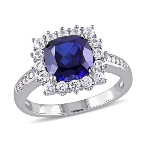 GEM AND HARMONY  3.60 Carat (Ctw) Lab-Created & White Sapphire Halo Ring In Sterling Silver In Blue