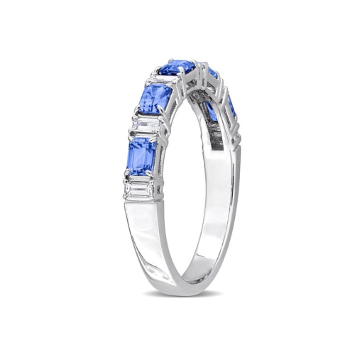 7/8 Carat Blue Sapphire Ring Band in 14K White Gold with Diamonds