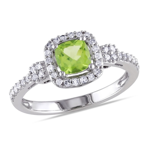 GEM AND HARMONY  2/3 Carat (Cw) Peridot Halo Ring In 10K Gold With Diamonds In White