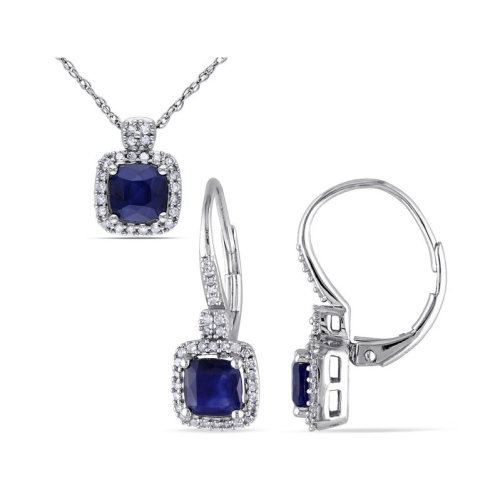 GEM AND HARMONY  2.16 Carat (Ctw) Sapphire Earrings And Pendant Necklace Set In 10K White Gold In Blue