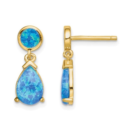 GEM AND HARMONY  Lab-Created Blue Opal Drop Earrings In Plated Sterling Silver In Yellow