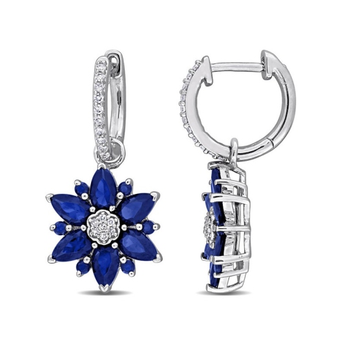 4.44 Carat Lab-Created Blue Sapphire Dangle Flower Earrings in Sterling Silver