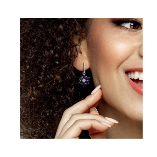 4.44 Carat Lab-Created Blue Sapphire Dangle Flower Earrings in Sterling Silver