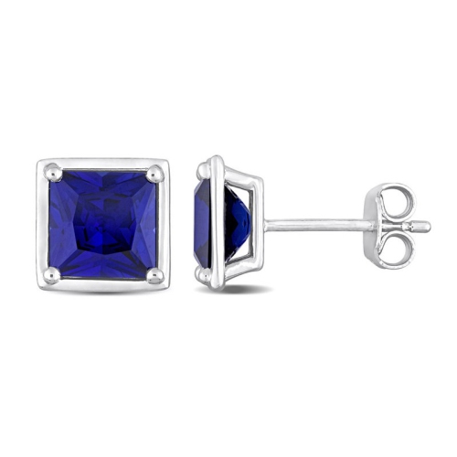 GEM AND HARMONY  4.12 Carat (Ctw) Lab-Created Princess Sapphire Solitaire Earrings In Sterling Silver (8Mm) In Blue