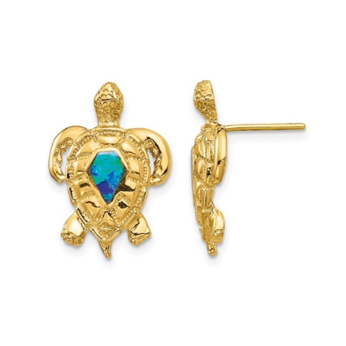 GEM AND HARMONY  14K Gold Polished Turtle Charm Earrings With Lab Created Blue Opals In Yellow