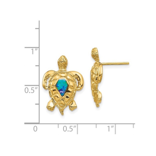 14K Yellow Gold Polished Turtle Charm Earrings with Lab Created Blue Opals