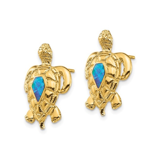 14K Yellow Gold Polished Turtle Charm Earrings with Lab Created Blue Opals