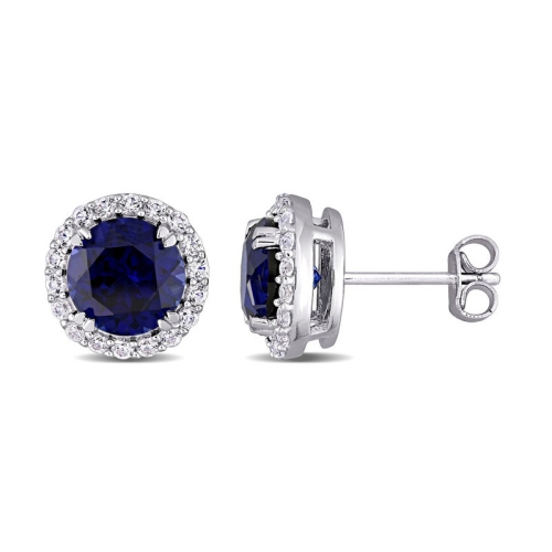 GEM AND HARMONY  5.52 Carat (Ctw) Lab-Created Sapphire And White Sapphire Halo Earrings In Sterling Silver In Blue