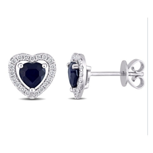 GEM AND HARMONY  1.14 Carat (Ctw) Sapphire Heart Earrings In 14K White Gold With Diamonds In Blue