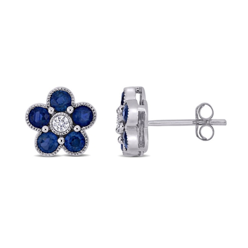 GEM AND HARMONY  1.30 Carat (Ctw) Sapphire Button Stud Earrings In 14K White Gold With Diamonds In Blue