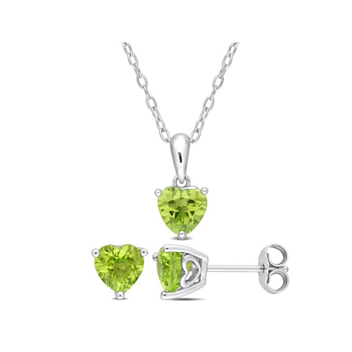 GEM AND HARMONY  2.52 Carat (Ctw) Peridot Heart Solitaire Earrings And Pendant Set In Sterling In Silver