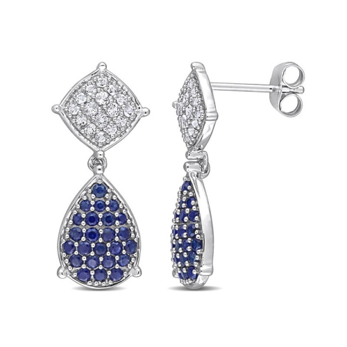 GEM AND HARMONY  1.30 Carat (Ctw) Sapphire And White Topaz Dangle Earrings In 10K White Gold In Blue