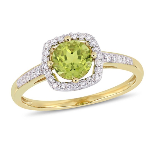 GEM AND HARMONY  7/8 Carat (Cw) Peridot Halo Ring In 10K Gold With Accent Diamonds In Yellow