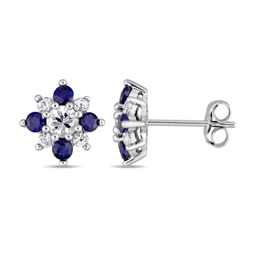 GEM AND HARMONY  1.56 Carat (Ctw) And White Sapphire Button Stud Earrings In 14K White Gold In Blue
