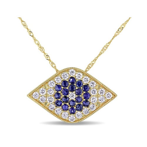3/5 Carat Blue Sapphire Evil Eye Drop Pendant Necklace in 14K Yellow Gold with Diamonds