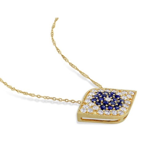 3/5 Carat Blue Sapphire Evil Eye Drop Pendant Necklace in 14K Yellow Gold with Diamonds